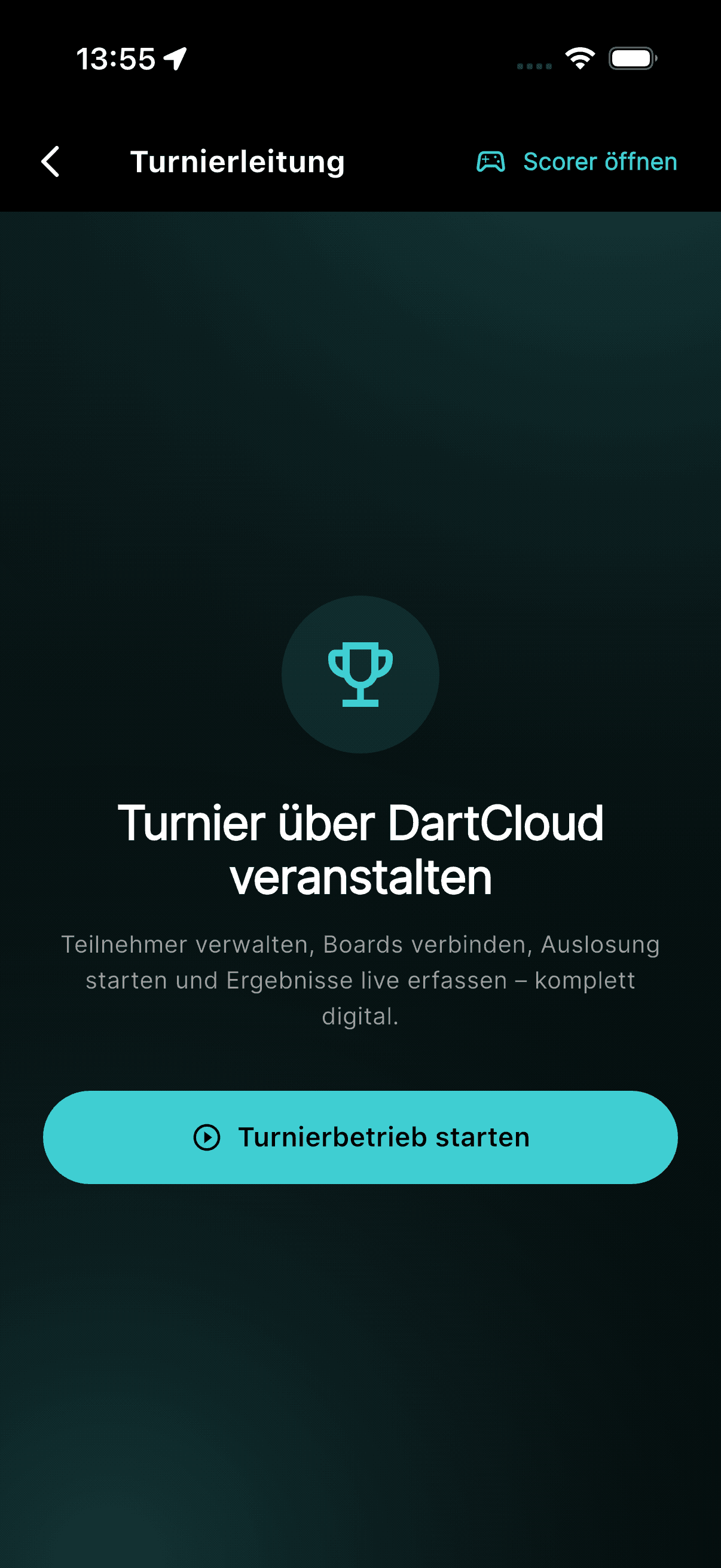 Die Turnierleitung vor dem Start: „Turnierbetrieb starten“.