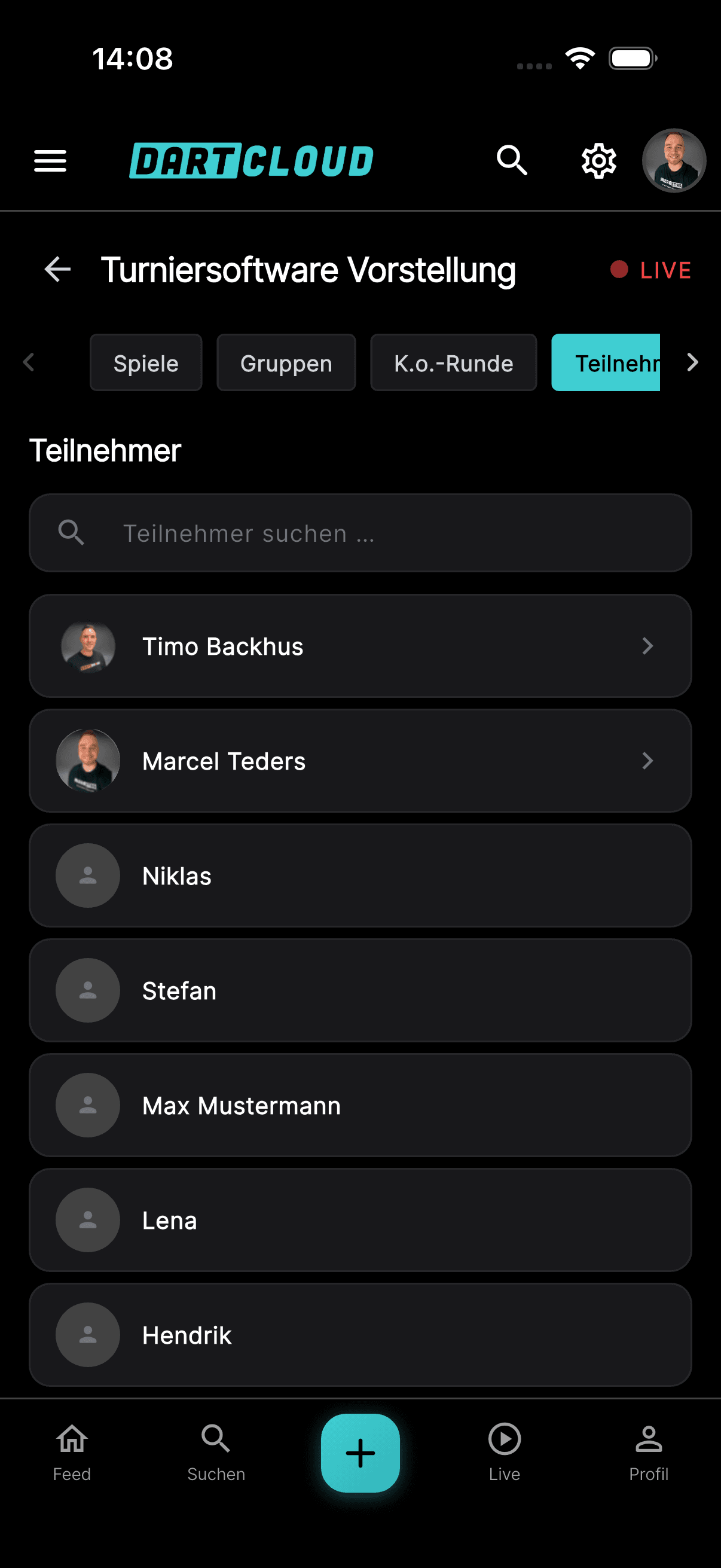 Tab „Teilnehmer“ mit Profilbildern der verknüpften Spieler.