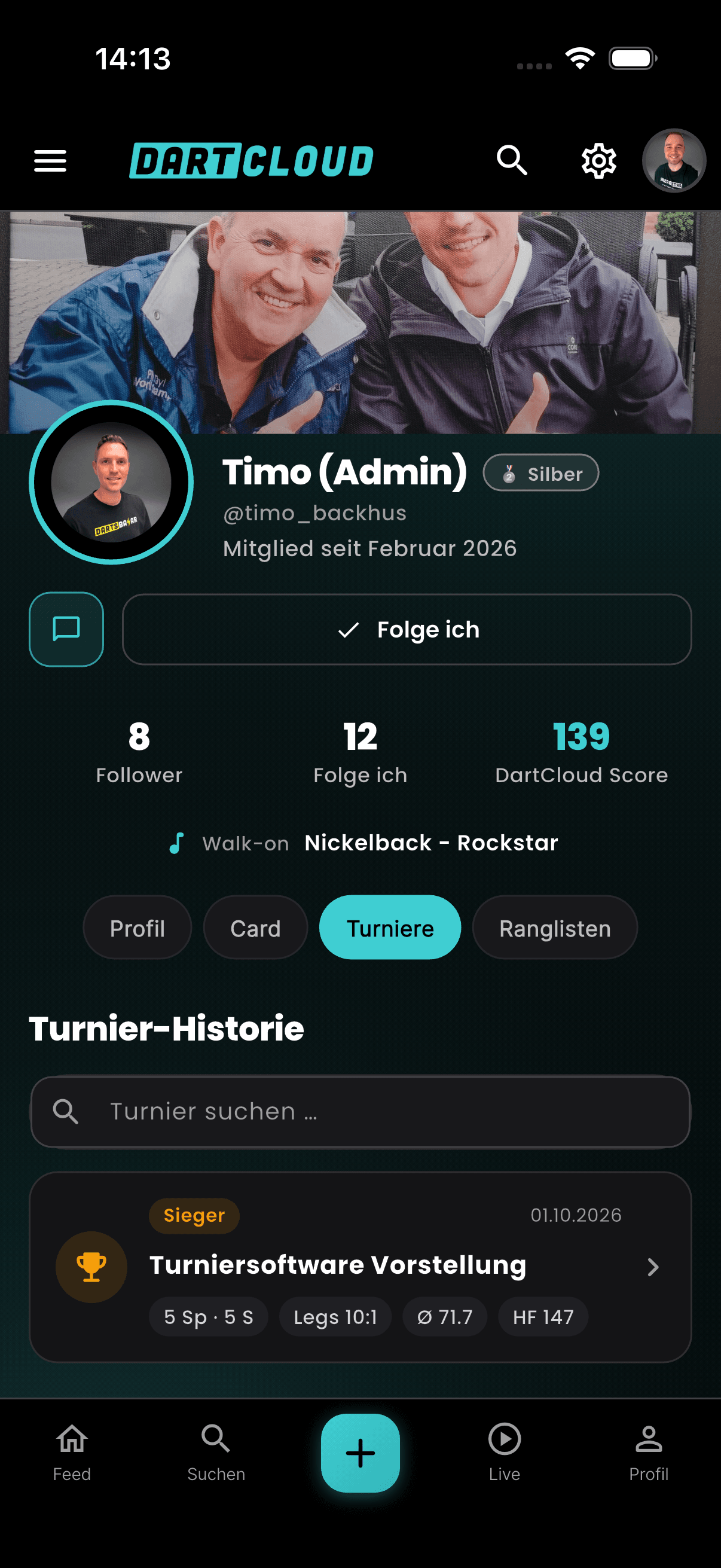 Timos Profil: „Sieger“ der Turniersoftware-Vorstellung, Ø 71,7, High Finish 147.