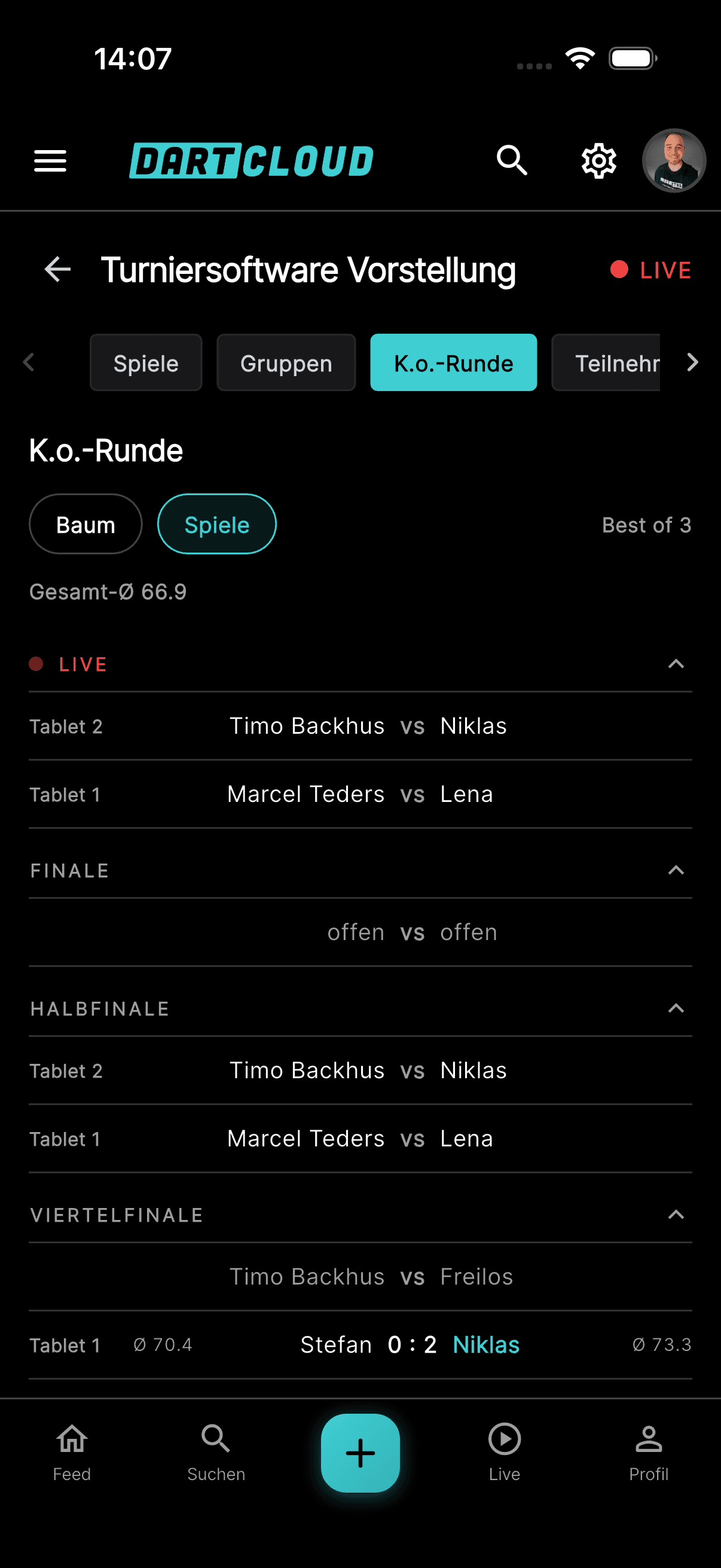 Tab „Highlights“: Short Legs, High Finishes, 180er, bestes Finish.