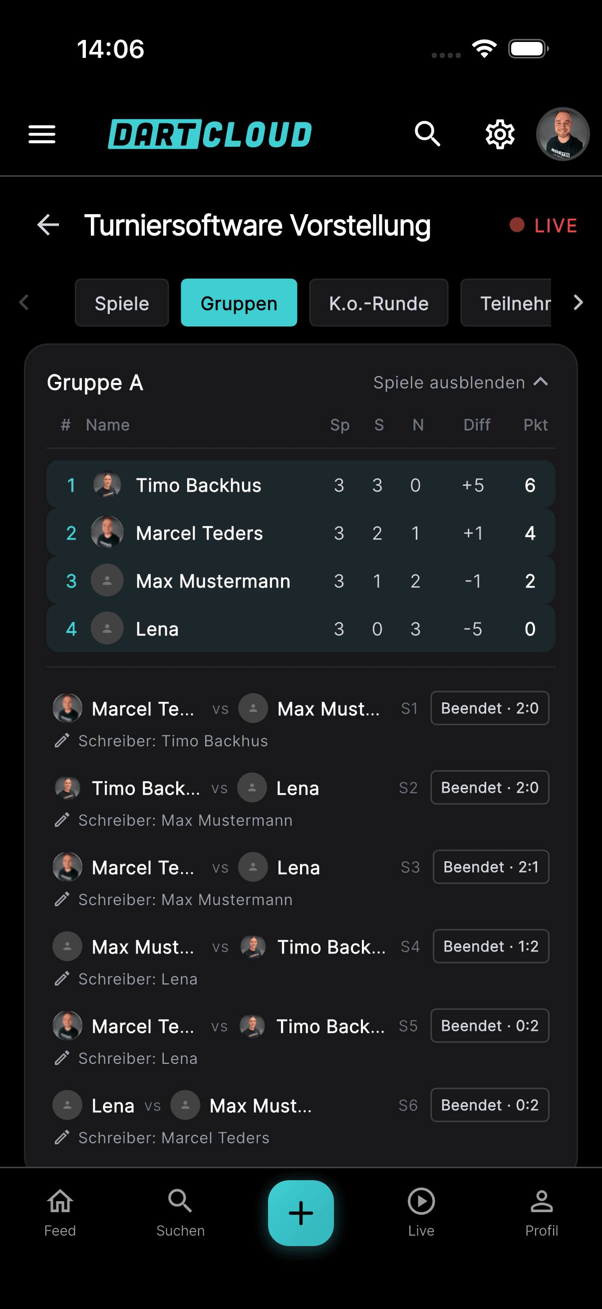 Tab „Spiele“: die nächsten Paarungen mit Schreiber-Vorschlag.