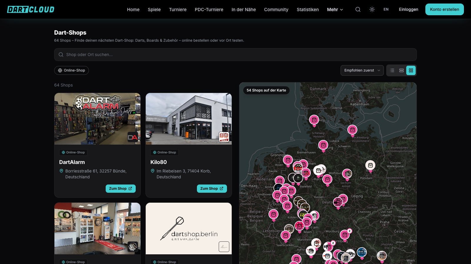 Shop page for darts retailers