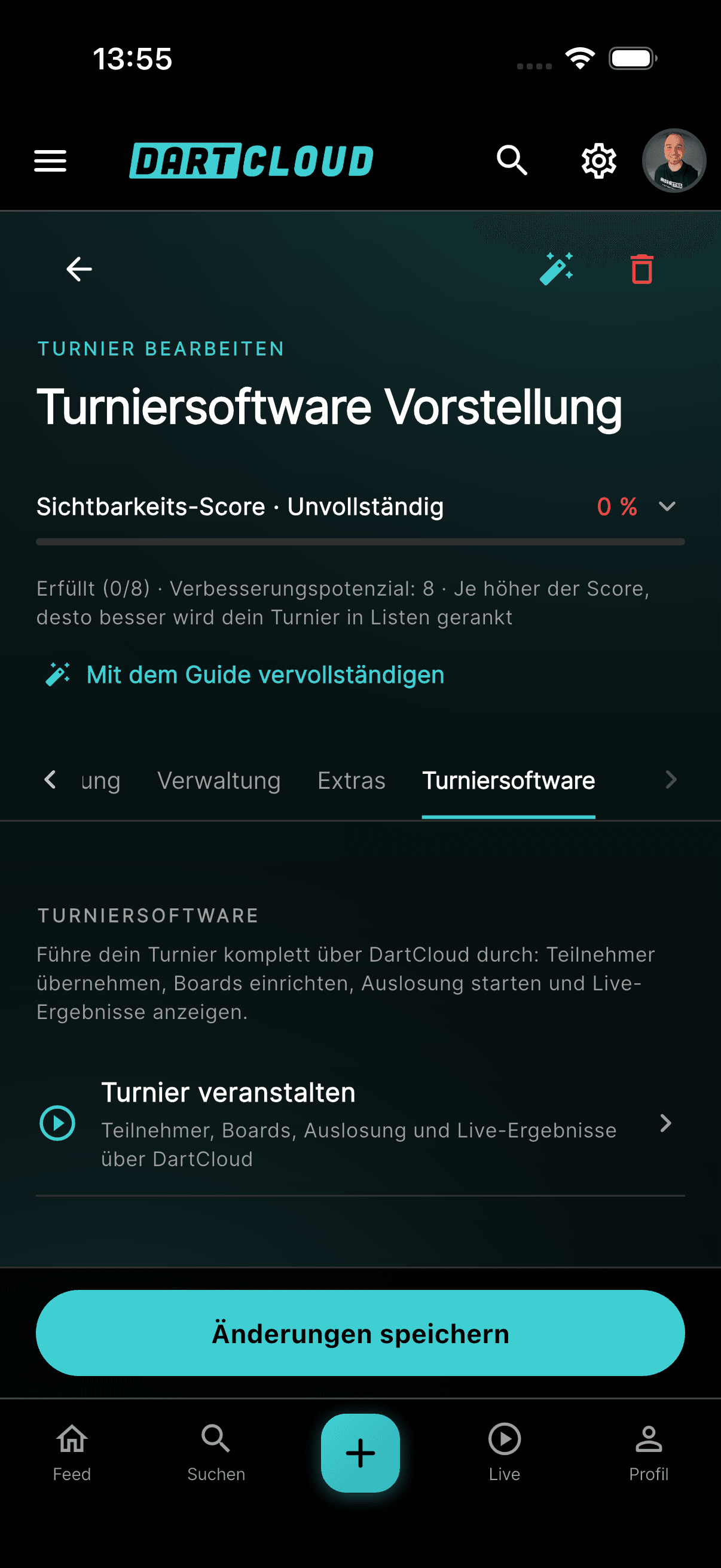Turnier bearbeiten: der Tab „Turniersoftware“ mit „Turnier veranstalten“.
