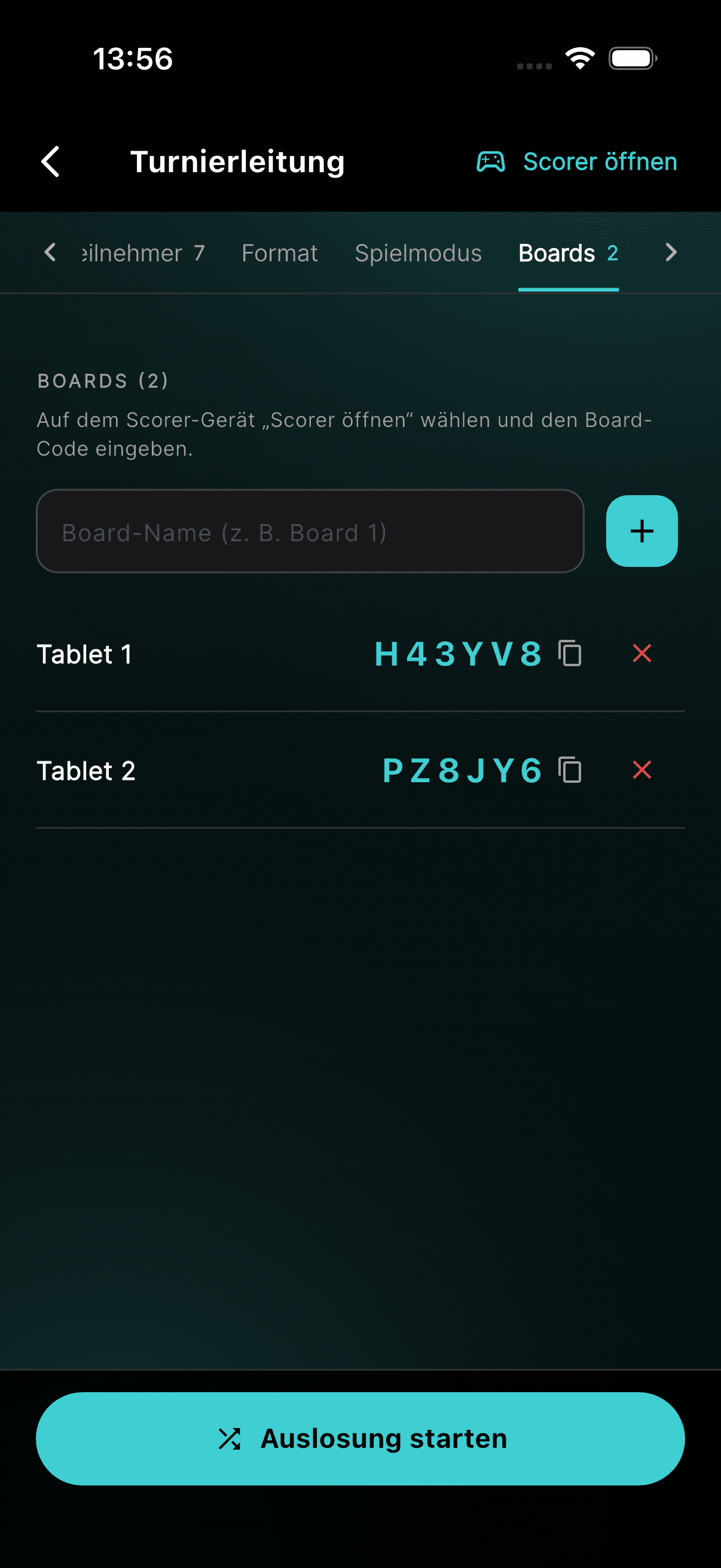 Zwei Boards mit ihren Codes. „Auslosung starten“ beginnt das Turnier.