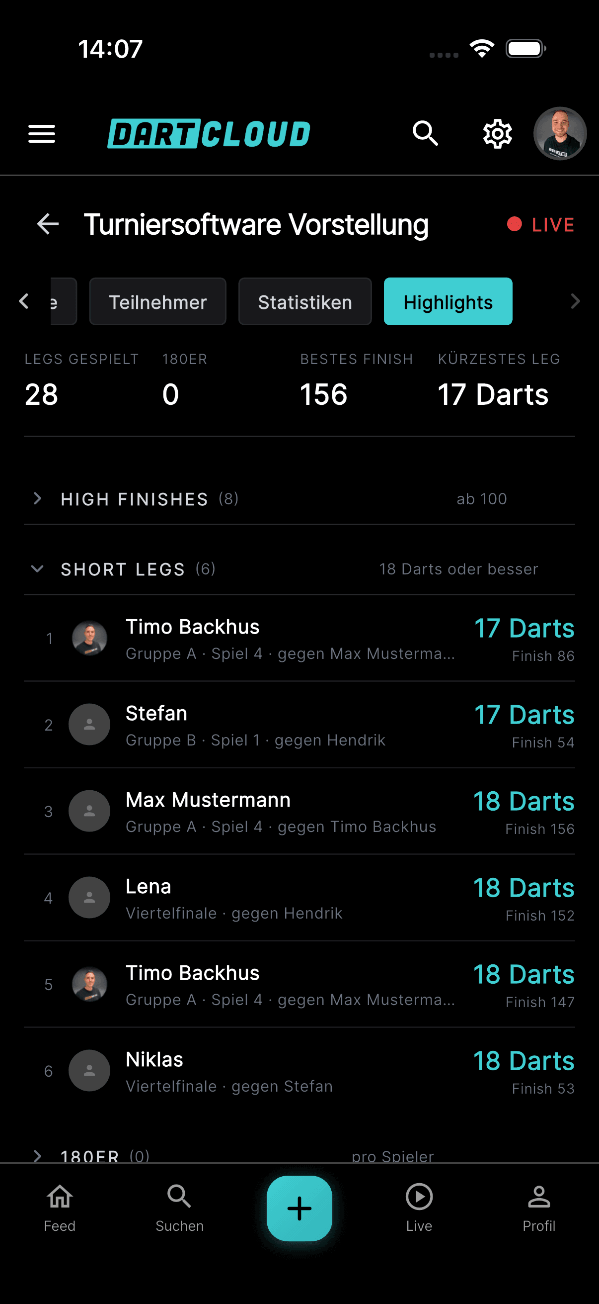 Die KO-Spiele als Liste mit Gesamt-Average und Live-Markierung.