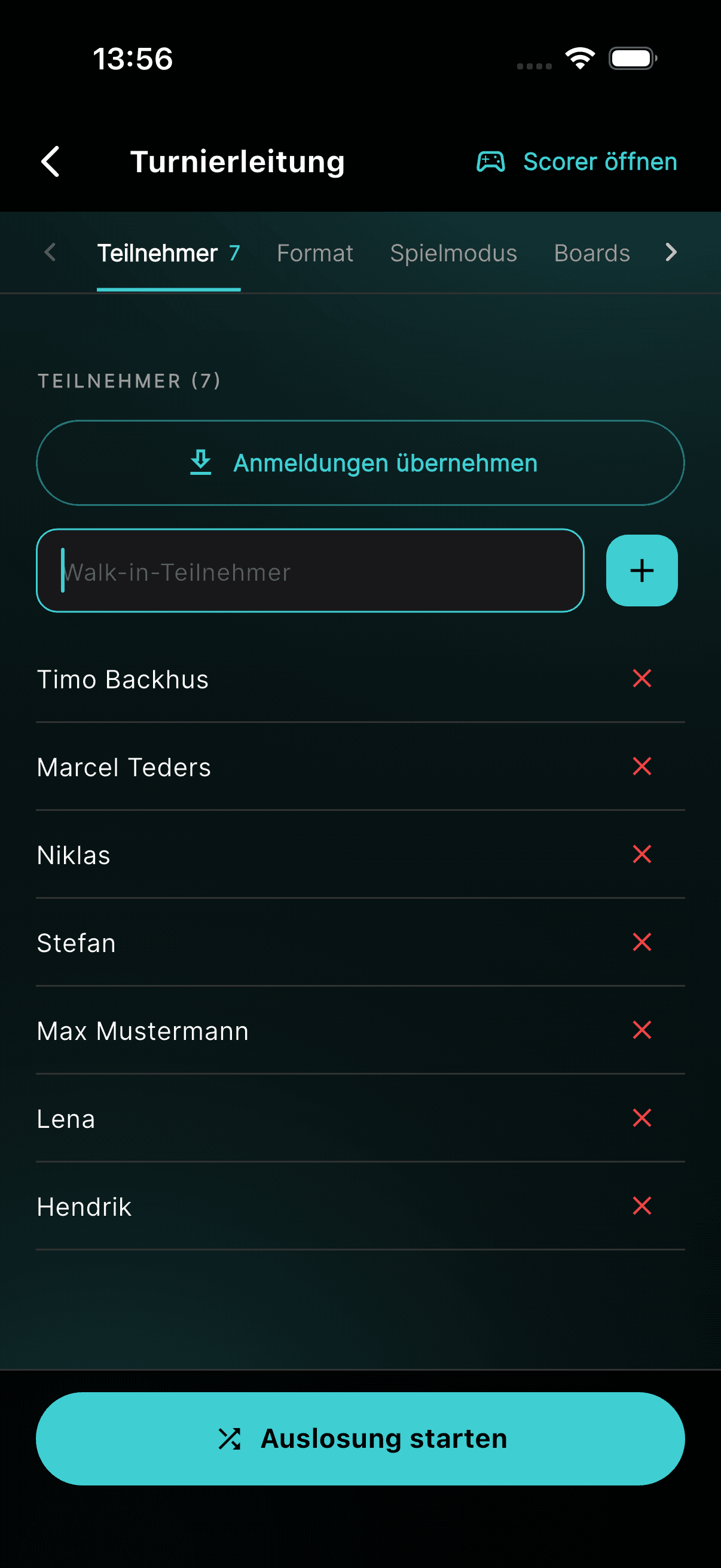 Sieben Teilnehmer: Online-Anmeldungen und Walk-ins in einer Liste.